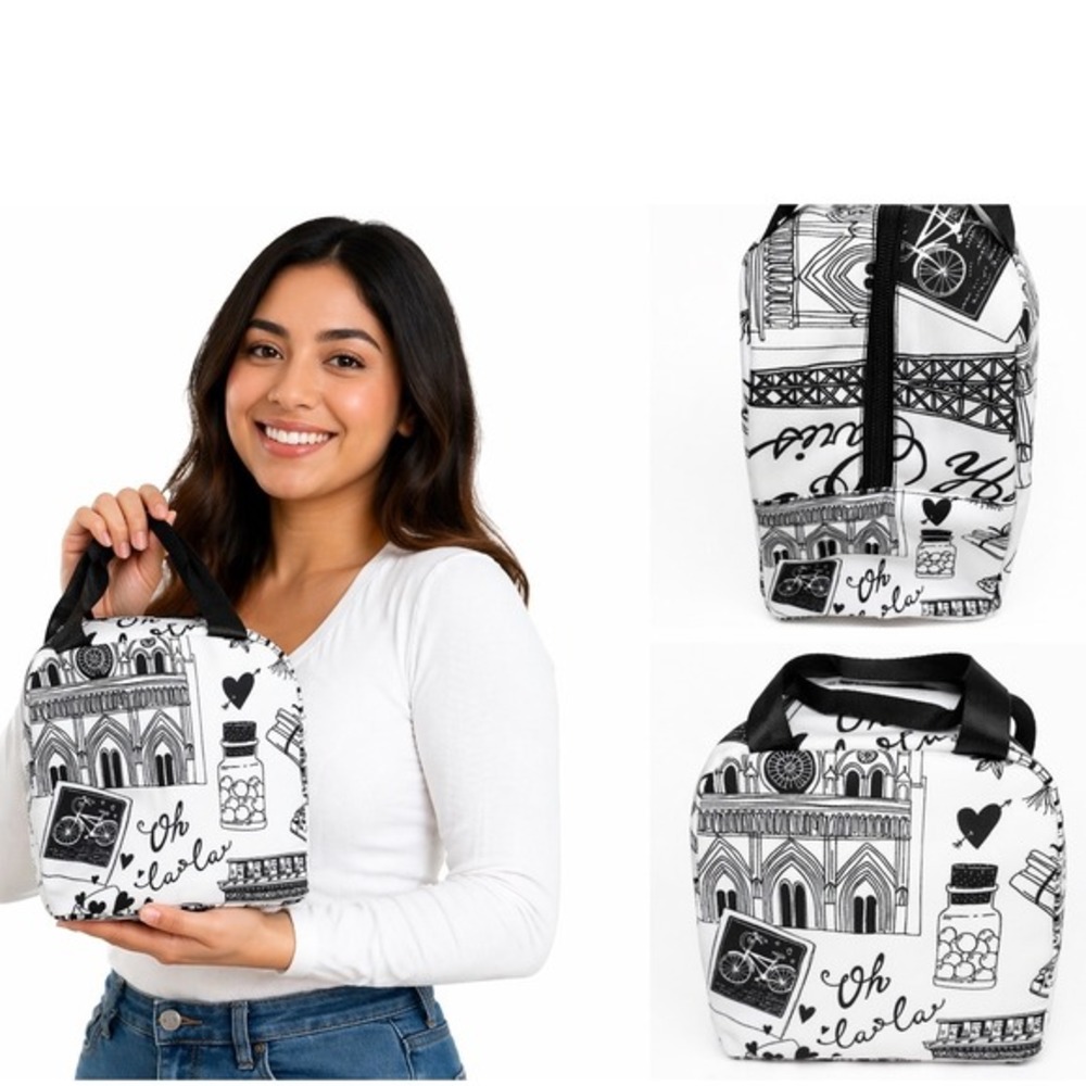 Paris Oh La La Insulated Lunch Bag Black White Sketch Print Thermal Tote 34-15